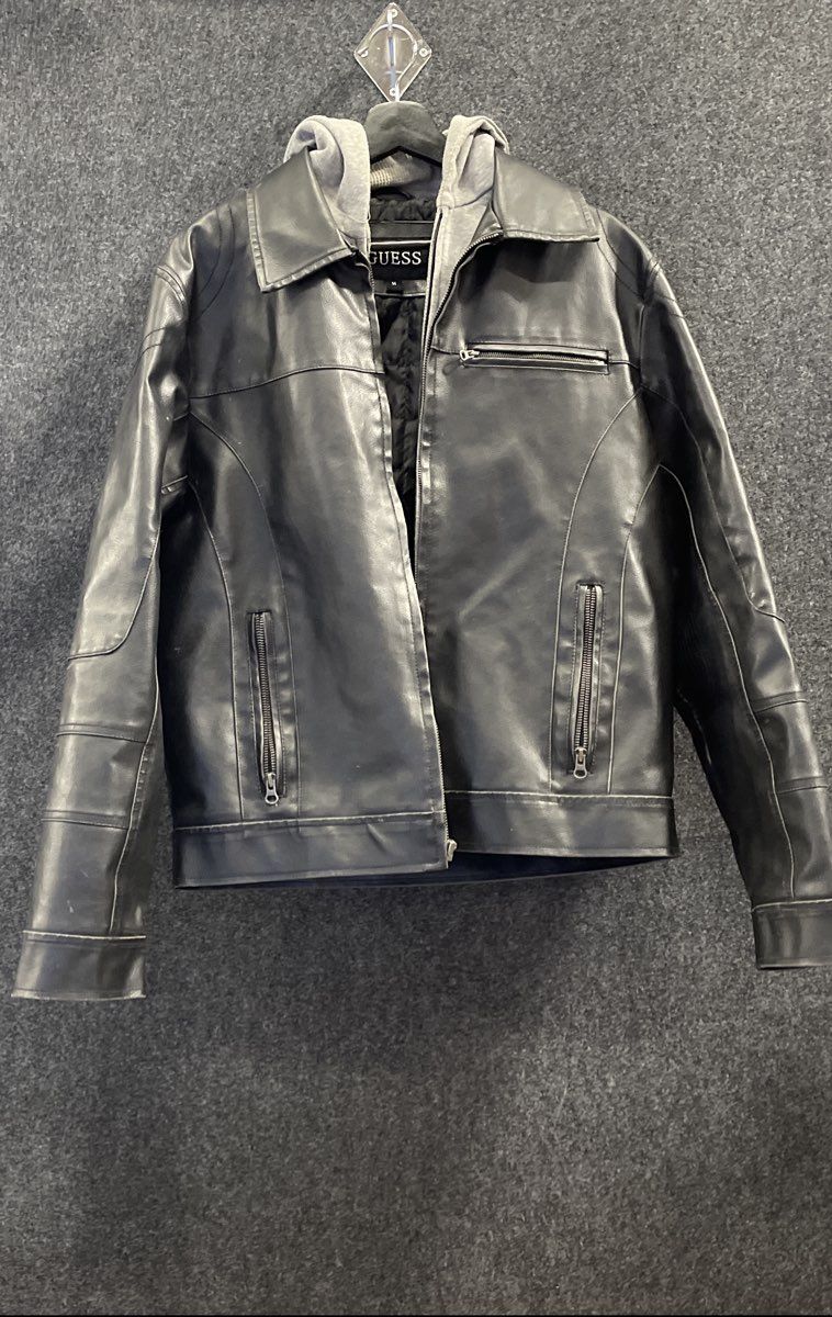 Guess Women's Black Leather Jacket Zip-Out Hooded Bib Quilted Lining Sz M