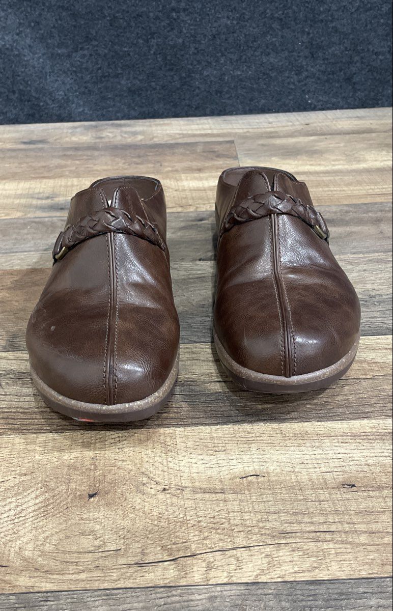 Kim Rogers Forsythe Brown Faux Leather Braided Strap Clogs Women's Size 9.5 M