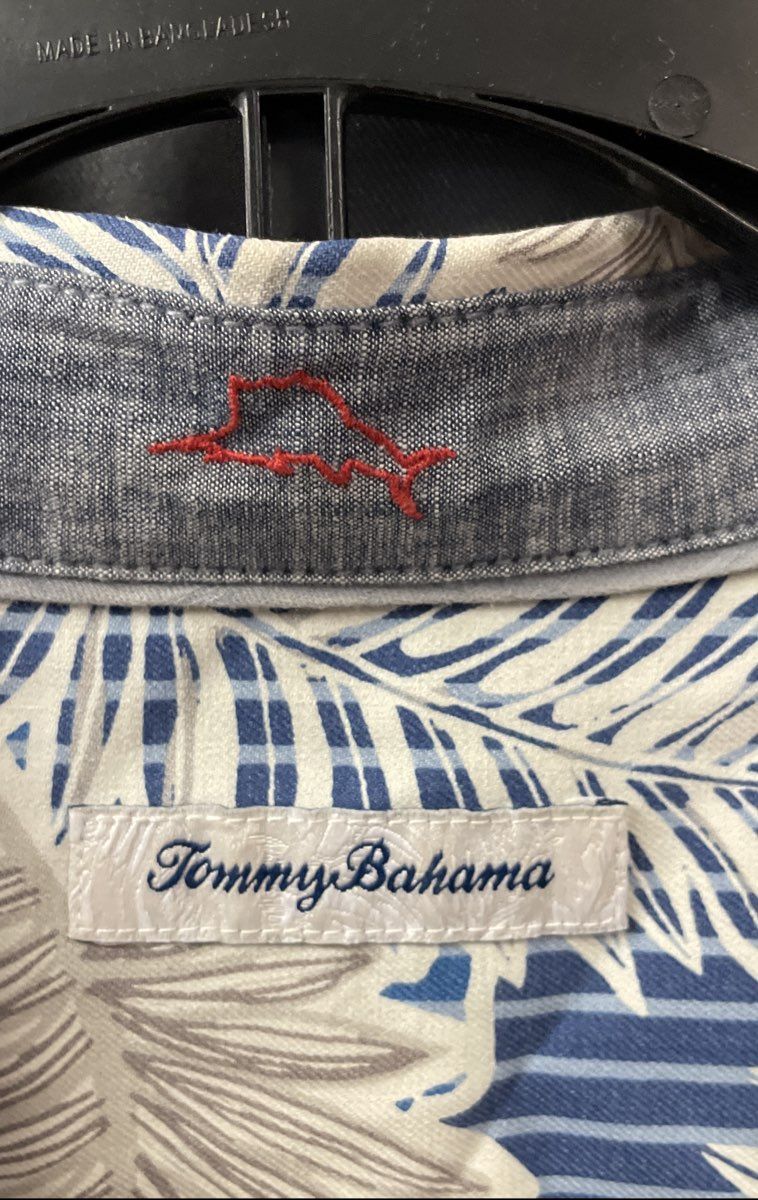 Tommy Bahama Men's Blue White Palm Leaf Striped Silk Blend Aloha Shirt Sz XXL