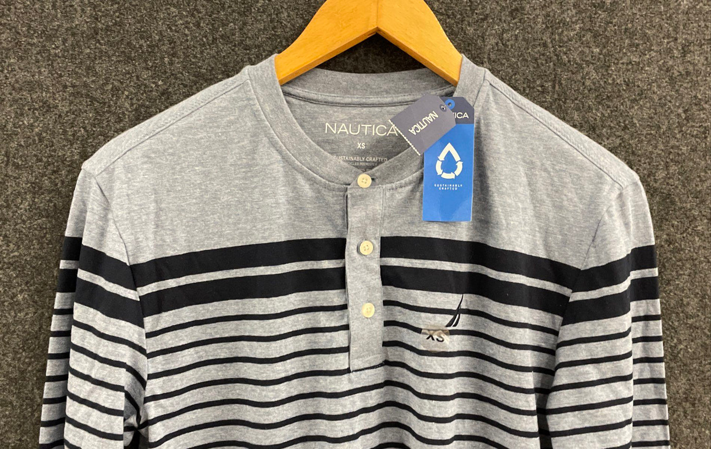 Nautica Men's Long Sleeve Henley Gray Navy Striped NWT Sustainably Crafted Sz XS