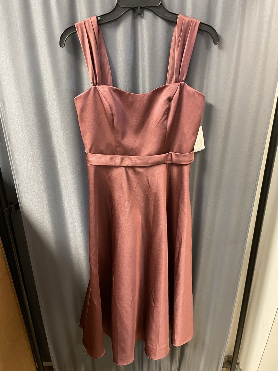 David's Bridal Women's Rosewood Pink Satin Wide Strap Tea Length Dress Sz 4 NWT