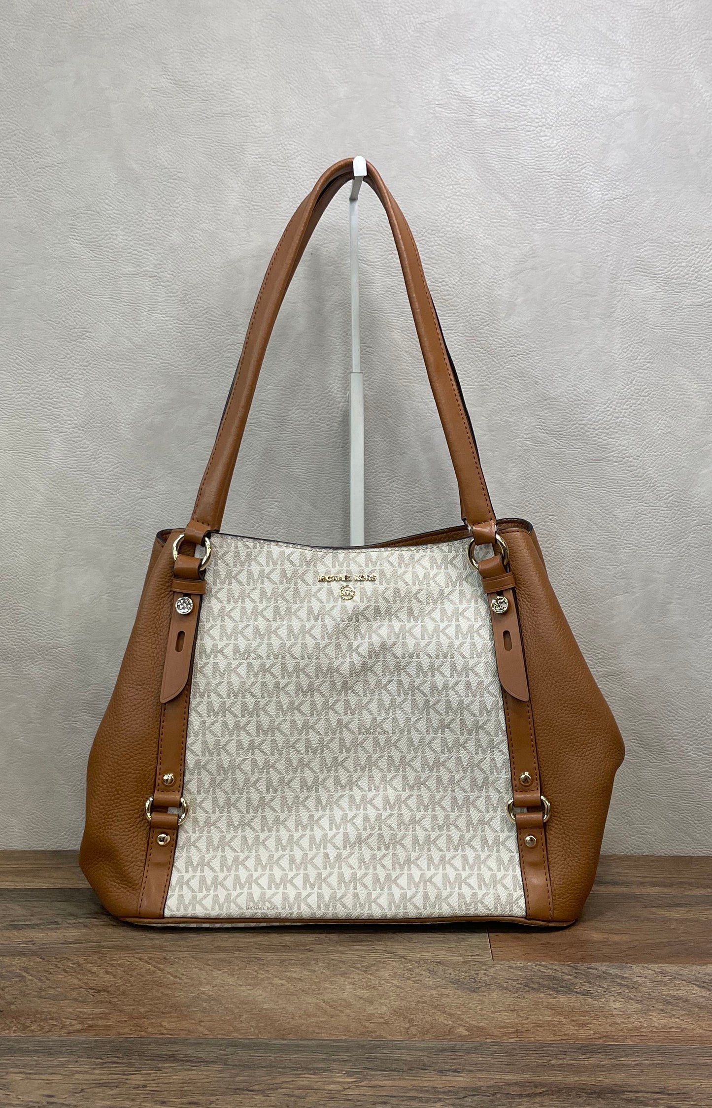 Michael Kors Brown White Monogram Signature Canvas Tote Bag Gold Hardware