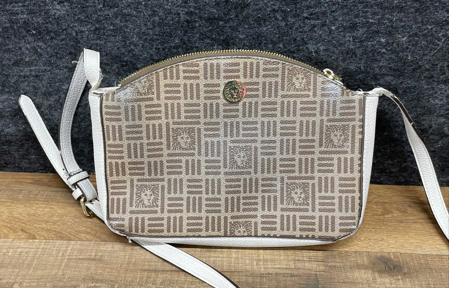 Anne Klein White Gold Monogram Crossbody Bag Gold Hardware Lion Logo