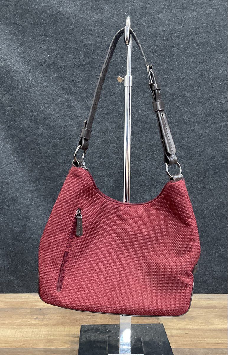The Sak Red Woven Fabric Shoulder Bag Hobo Zip Pockets Adjustable Strap
