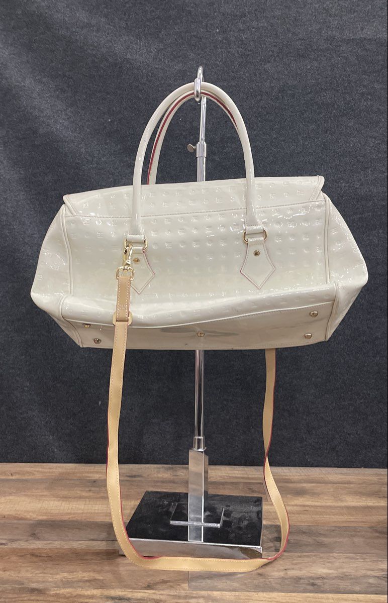 Arcadia White Monogram Embossed Patent Leather Satchel Handbag Gold Hardware