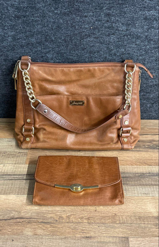 Grace Adele Brown Pebbled Handbag Shoulder Bag Gold Chain & Matching Wallet Set