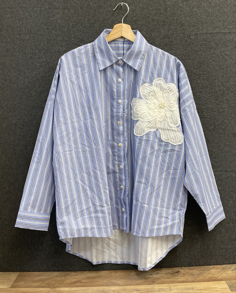 Khaadi Women's Blue White Striped Floral Applique Oversized Shirt NWT Size L