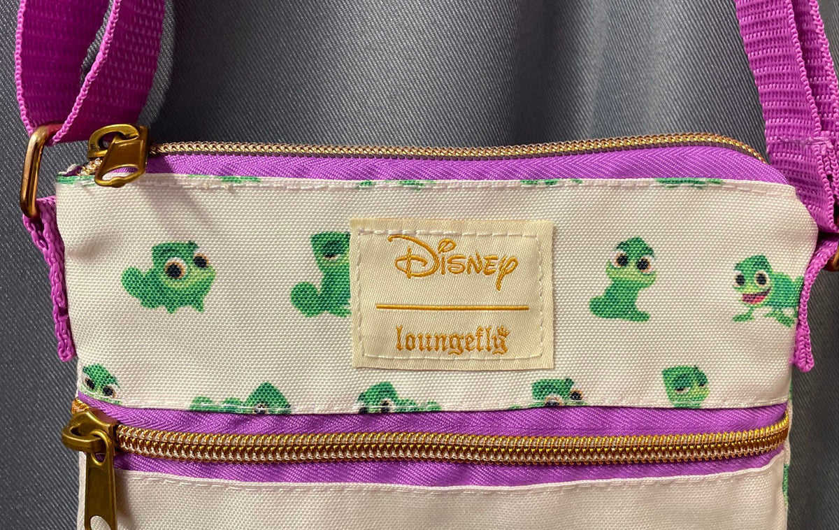 Disney Loungefly Tangled Pascal Passport Crossbody Bag White Purple Canvas