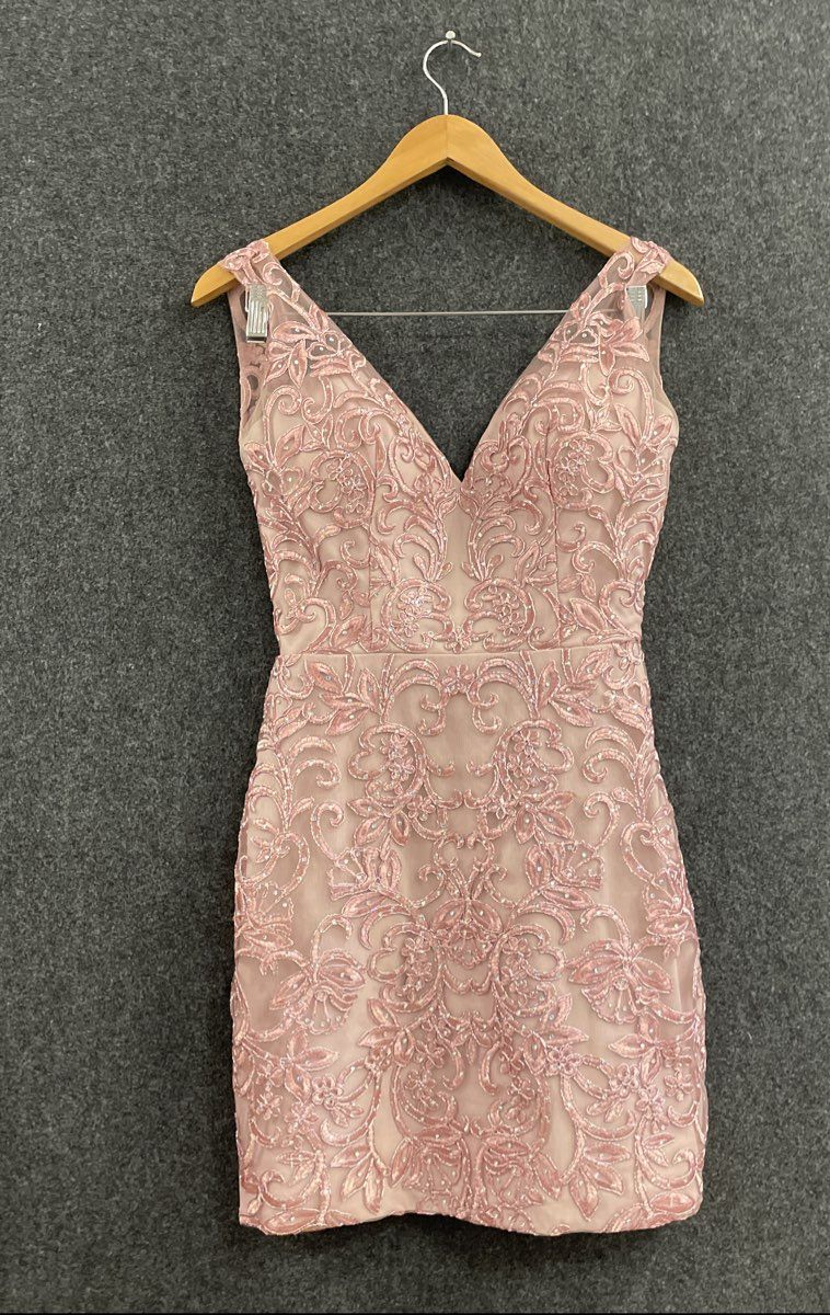Narianna Women's Pink Embroidered Mesh Rhinestone V-Neck Mini Dress Size M