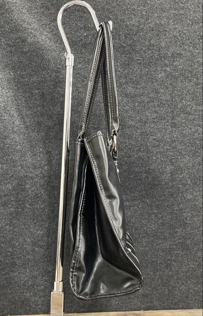 Black Leather Tote Shoulder Bag White Contrast Stitch Silver Hardware 13x10