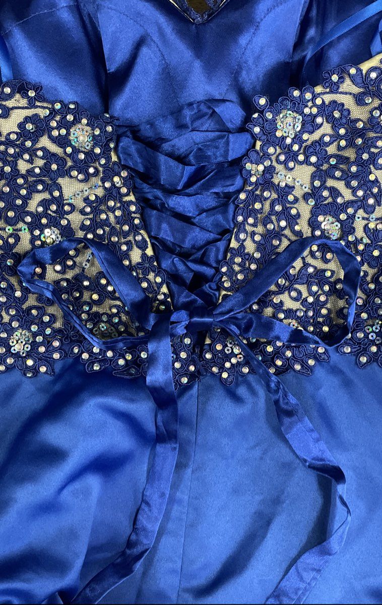 Annylee Women's Royal Blue Strapless Lace Rhinestone Sequined Formal Dress Sz XS