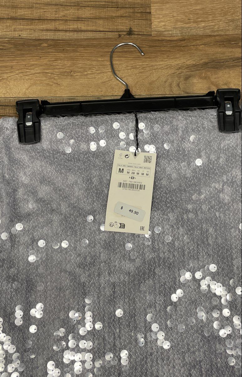 Zara Women's Silver Sequin Mesh Maxi Skirt Embellished Side Slit NWT Sz M