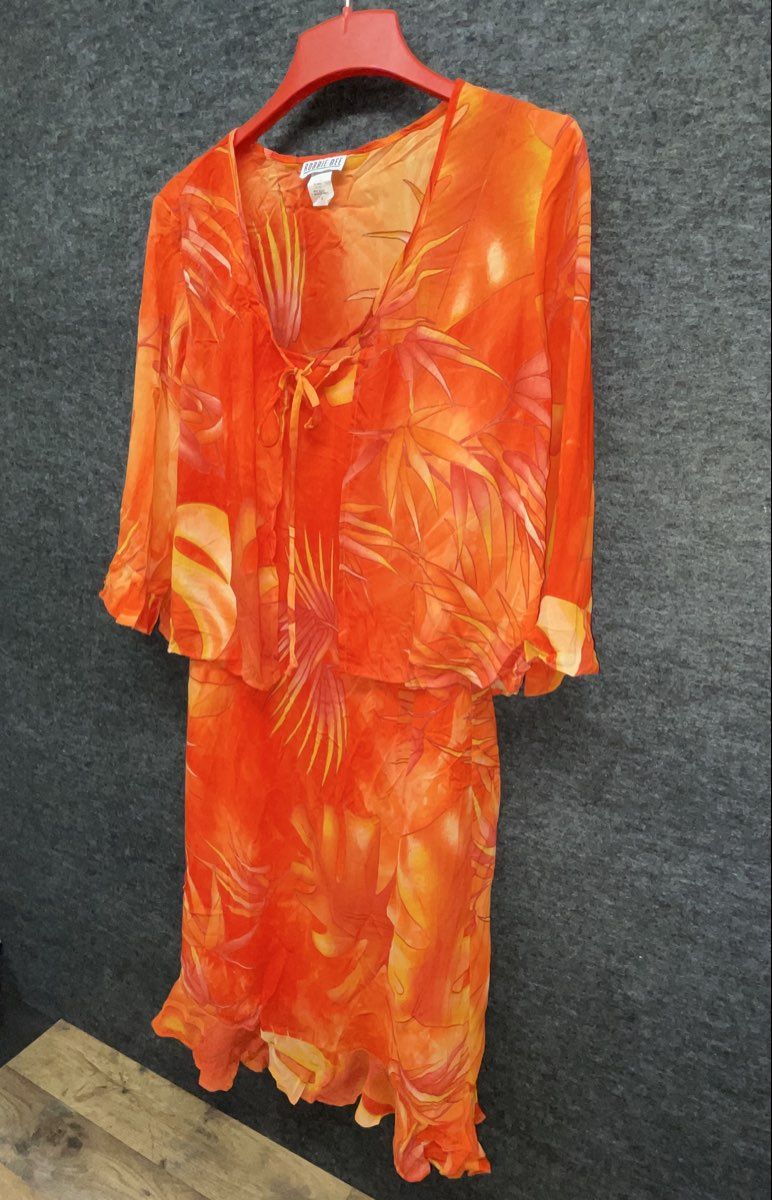 Vintage Y2K Robbie Bee Women's Orange Tropical Ruffle Dress & Jacket Set NWT S
