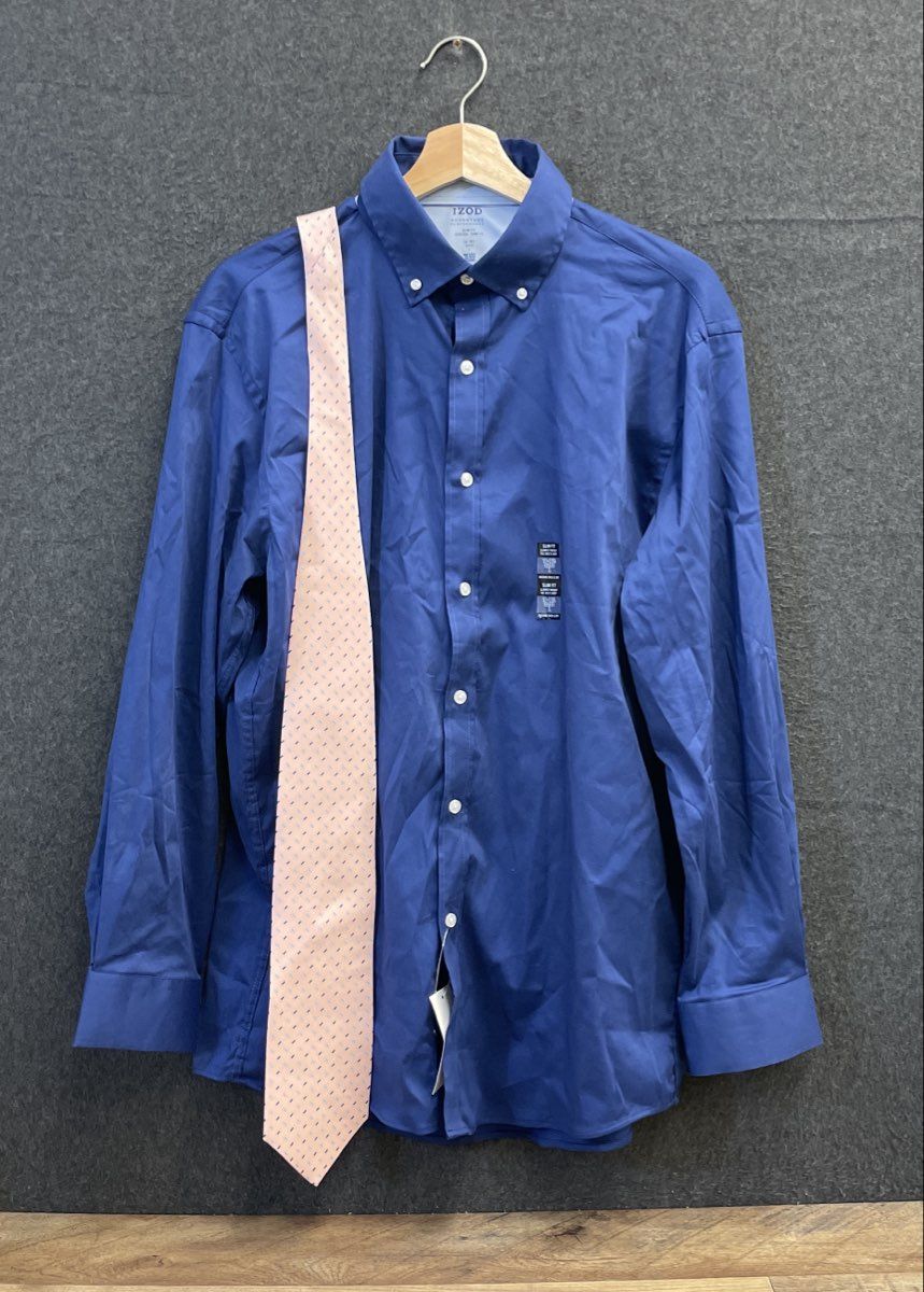 IZOD Men's Dress Shirt Silk Tie Set Blue NWT Advantage Slim Fit 16-16.5 32/33 L