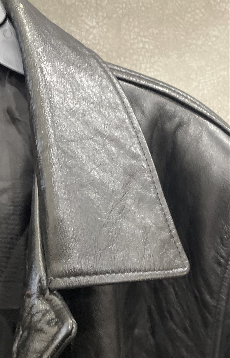 Vintage 90s Black Leather Car Coat Jacket Button Front Belted Back Mid Length