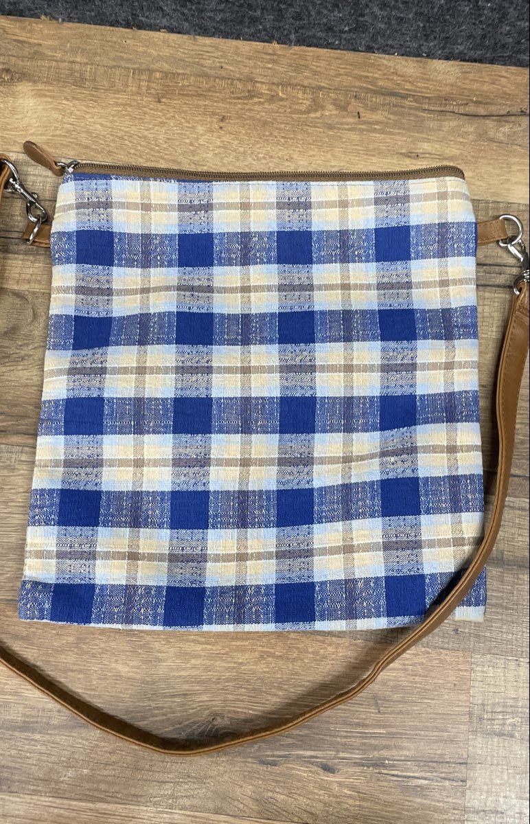 Longaberger Blue White Plaid Checker Canvas Crossbody Bag Silver Hardware