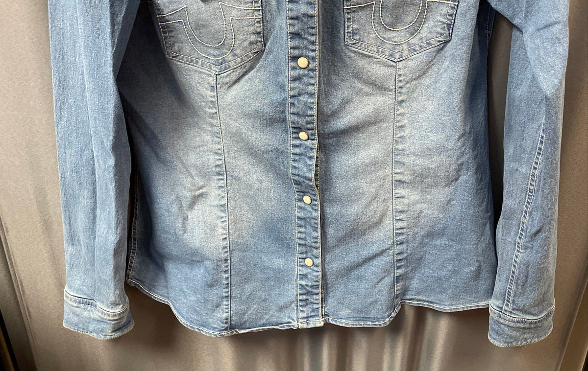 True Religion Women's Blue Western Pearl Snap Denim Shirt Jacket XL