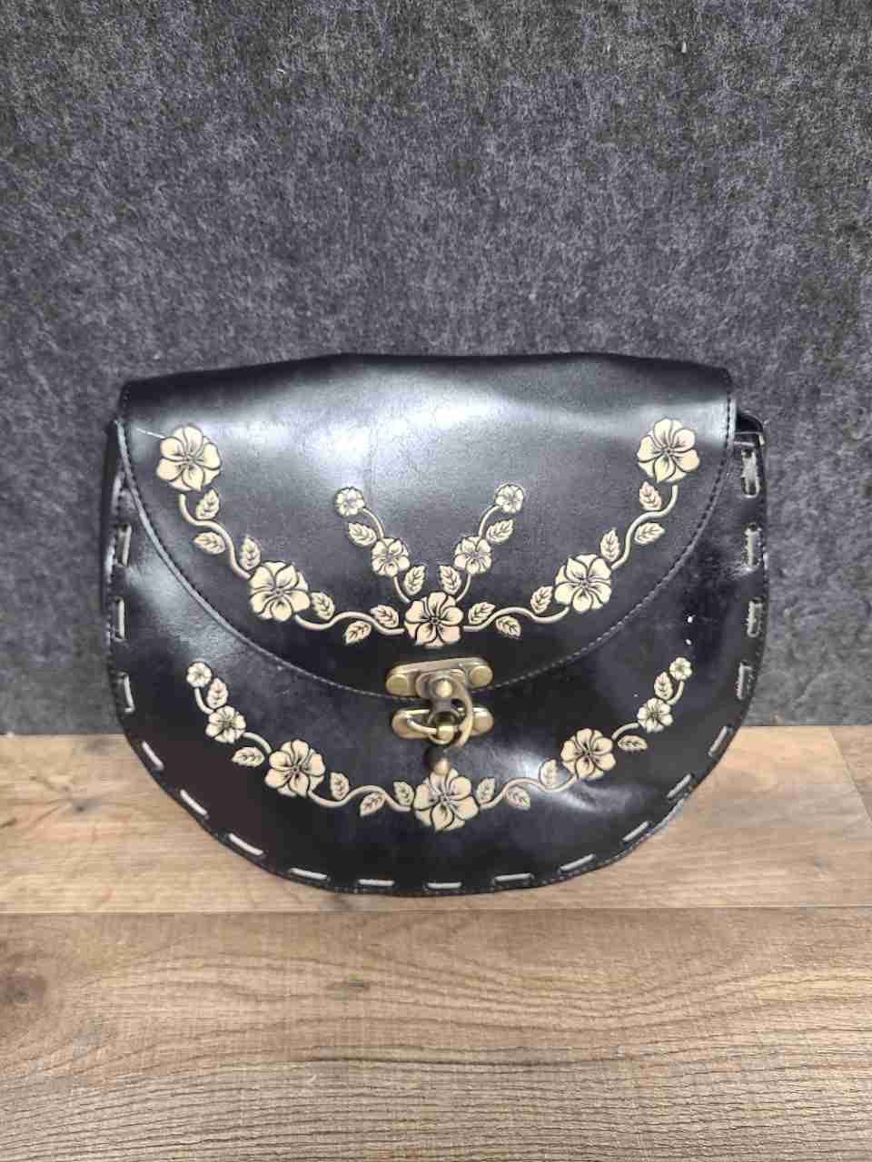 Black Floral Faux Leather Whipstitch Crossbody Saddle Bag Brass Hardware