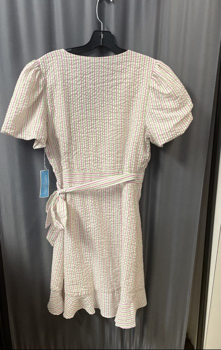 Draper James RSVP Pink Green Seersucker Puff Sleeve Wrap Dress Sz L NWT
