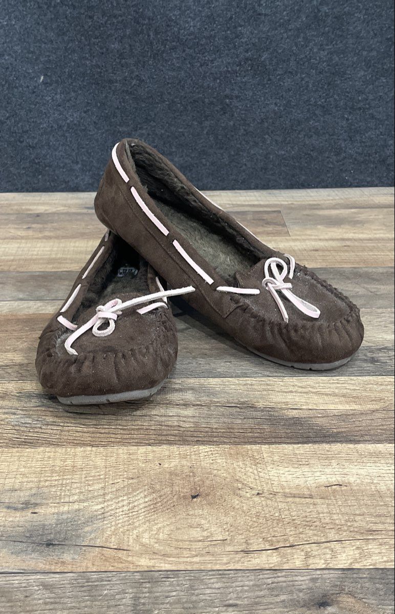 Route 66 Dark Brown Pink Faux Fur Moccasin Slippers Women's Size XL 11-12