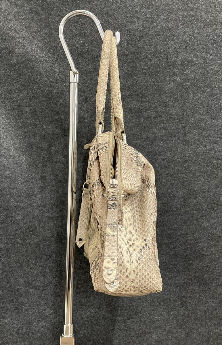 Cole Haan Beige Snakeskin Embossed Leather Satchel Handbag Silver Hardware