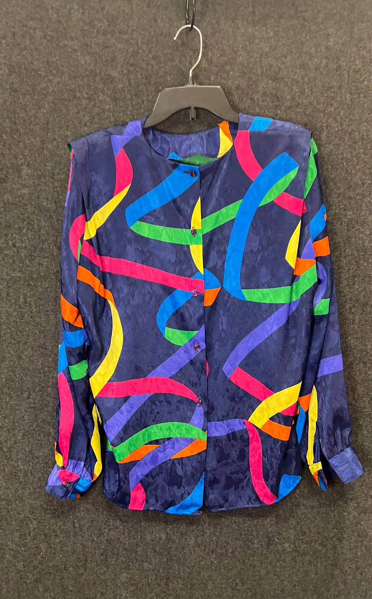 Vintage 90s Andre Sauvage Abstract Ribbon Print Blouse Made USA Sz 10