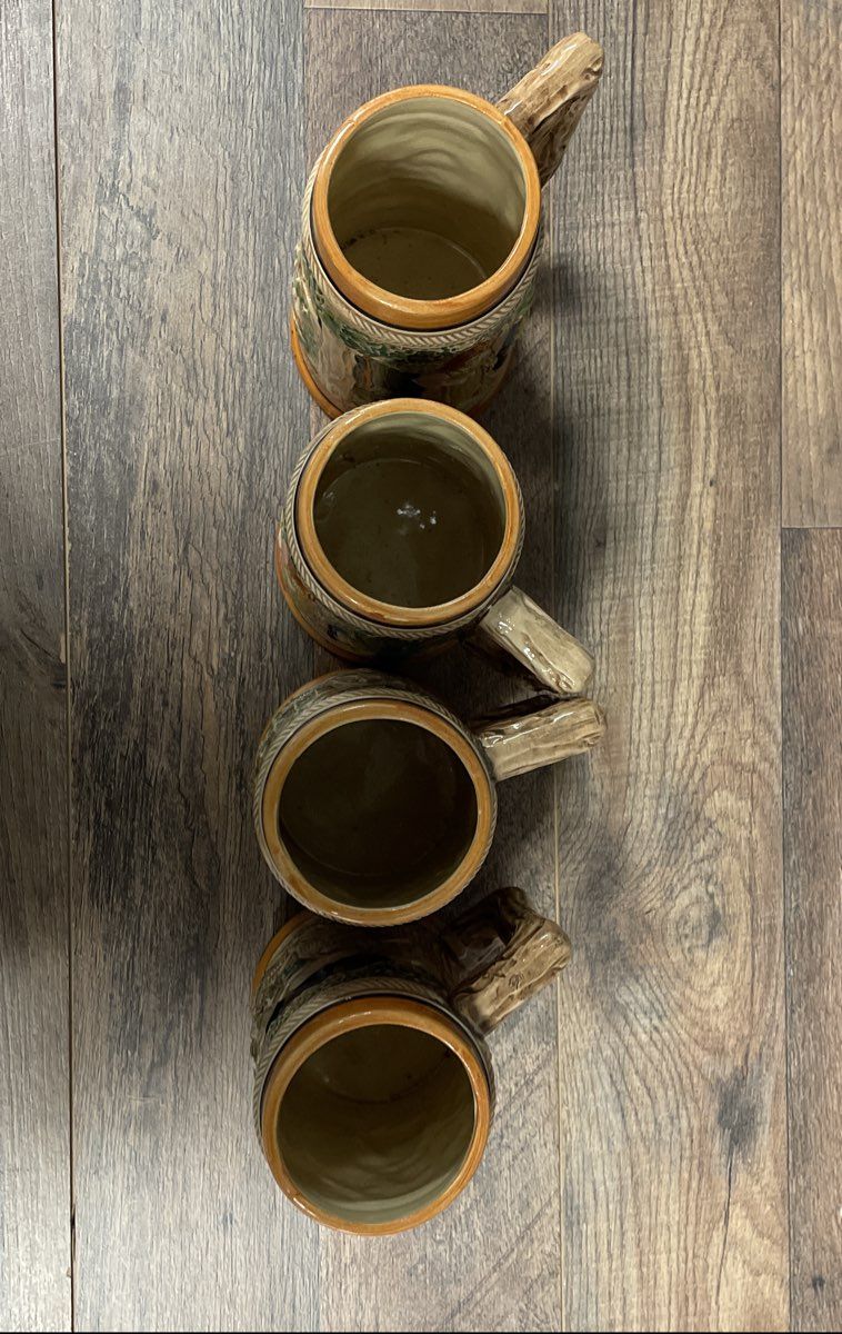 Vintage German Style Beer Mugs Steins Set of 4 Ceramic Relief Made in Japan