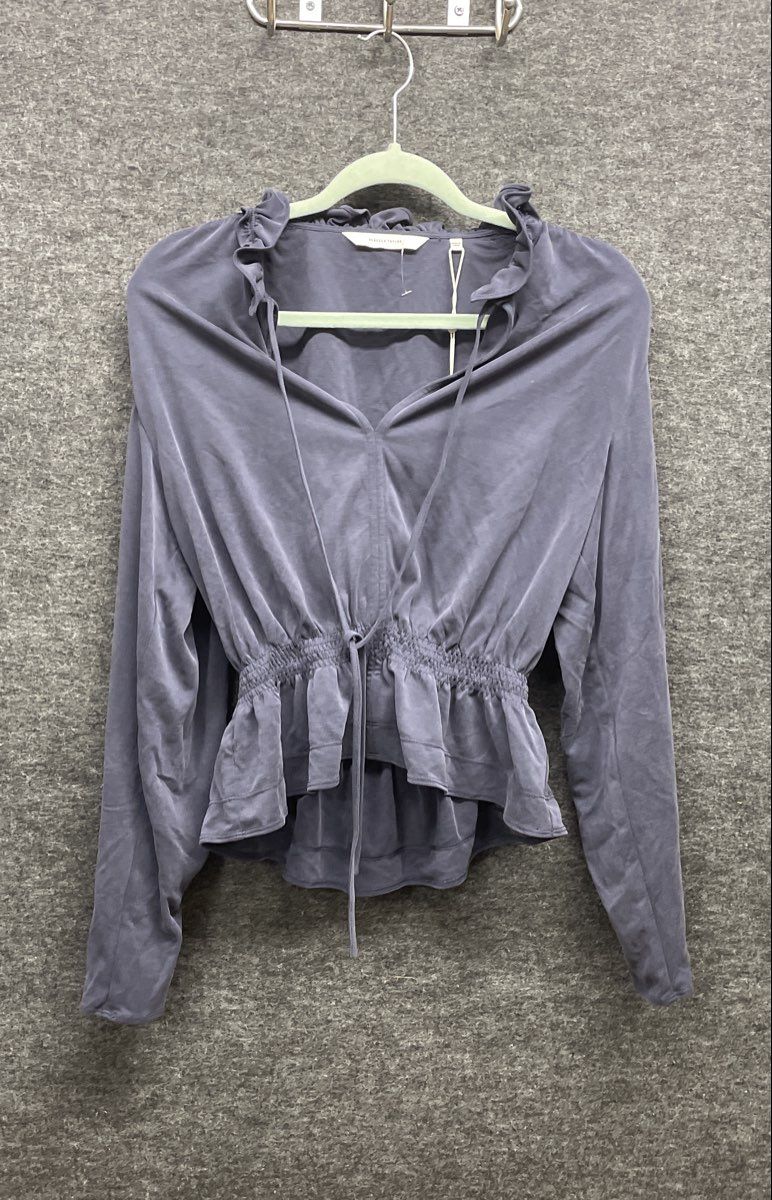 Rebecca Taylor Women's Navy Sandwash Cupro V-Neck Ruffle Pullover Sz M NWT