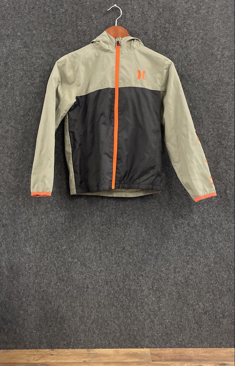 Hurley Boys Colorblock Hooded Windbreaker Jacket Olive Black Sz M 10-12