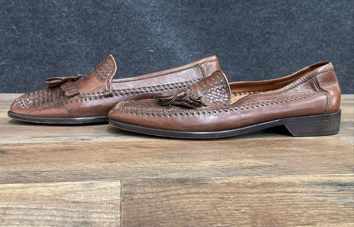 Bostonian Brown Woven Leather Tassel Kiltie Loafers Made in Italy Size 8.5