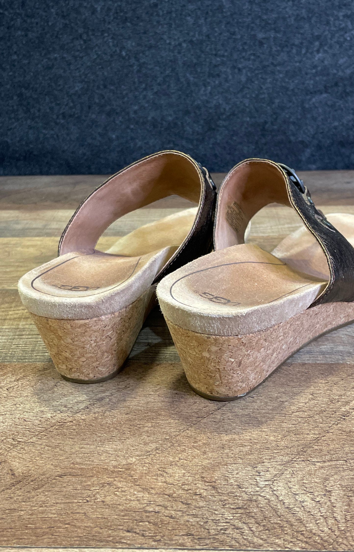 UGG Tawnie Bronze Metallic Leather Cork Wedge Thong Sandals Women's Size 8.5