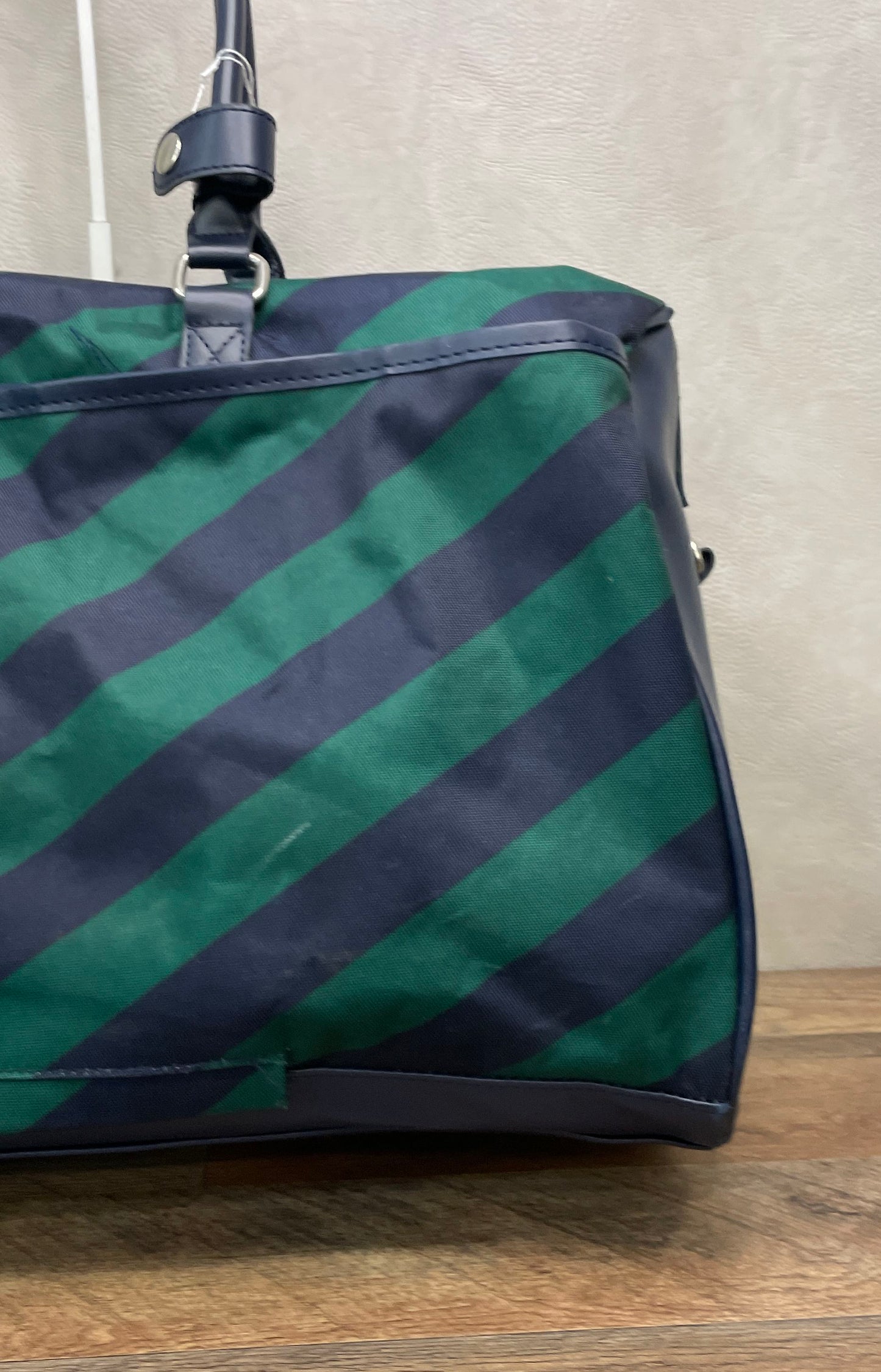 Tommy Hilfiger Navy Green Diagonal Striped Canvas Duffel Weekender Travel Bag