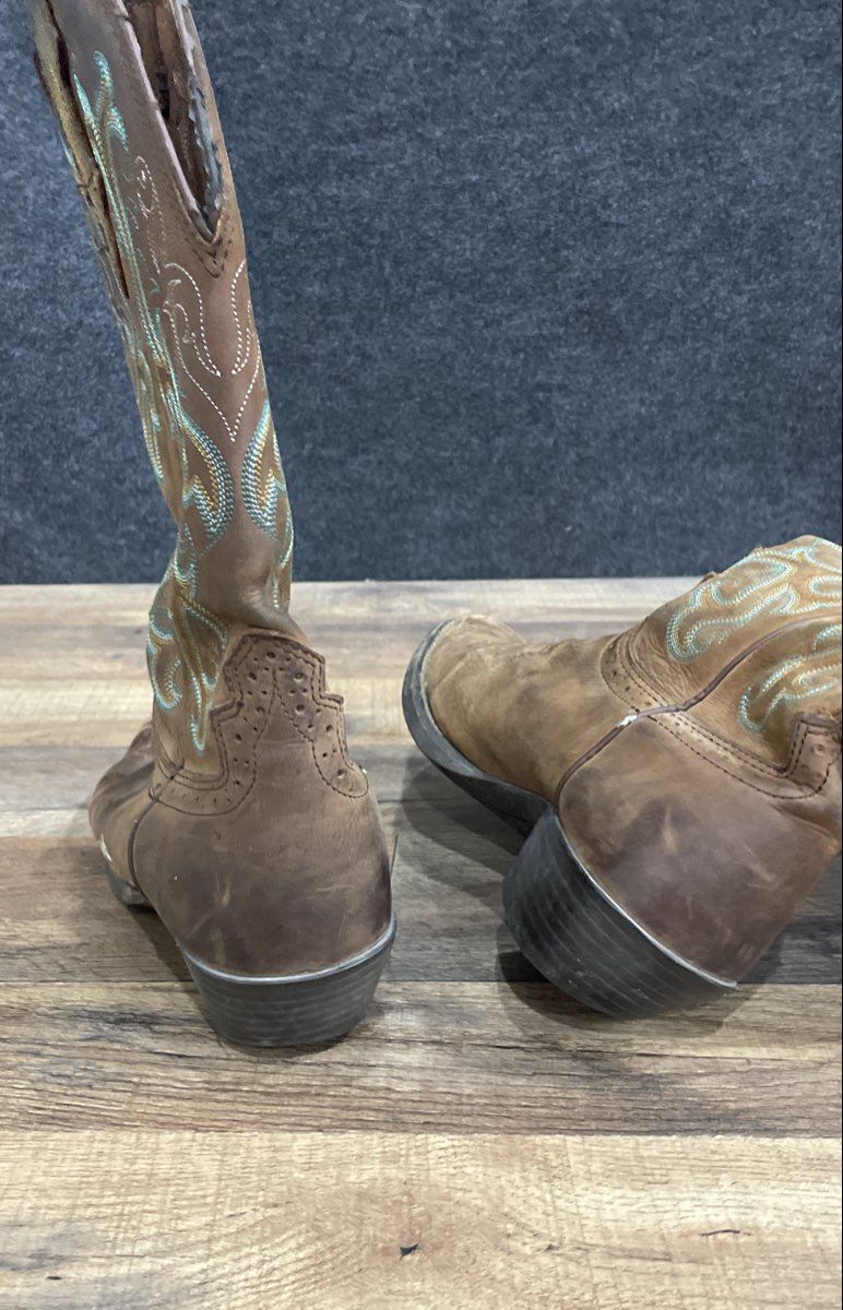 Justin Women's Brown Teal Yellow Stitch Square Toe Western Boots Size 9