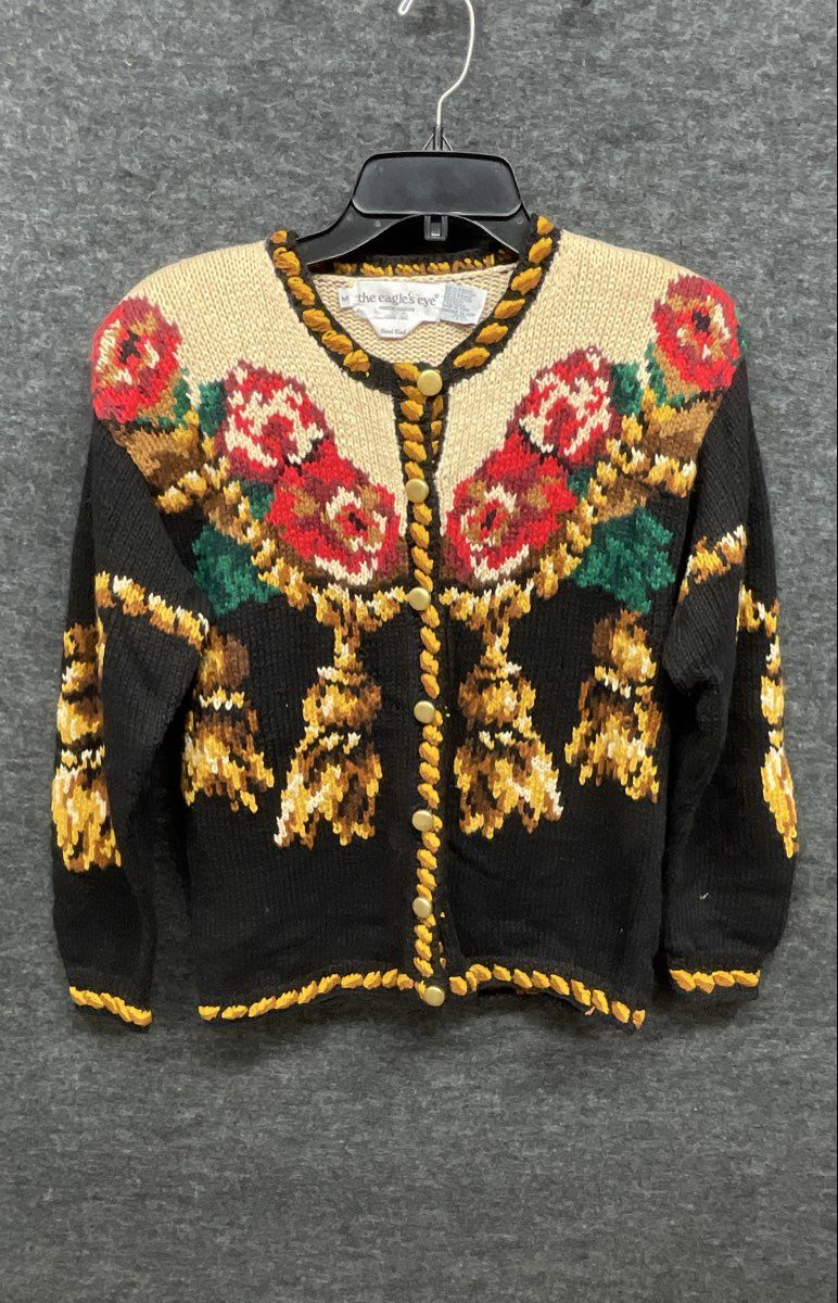 Vintage 90s The Eagle's Eye Women's Hand Knit Floral Tassel Cardigan Sweater M