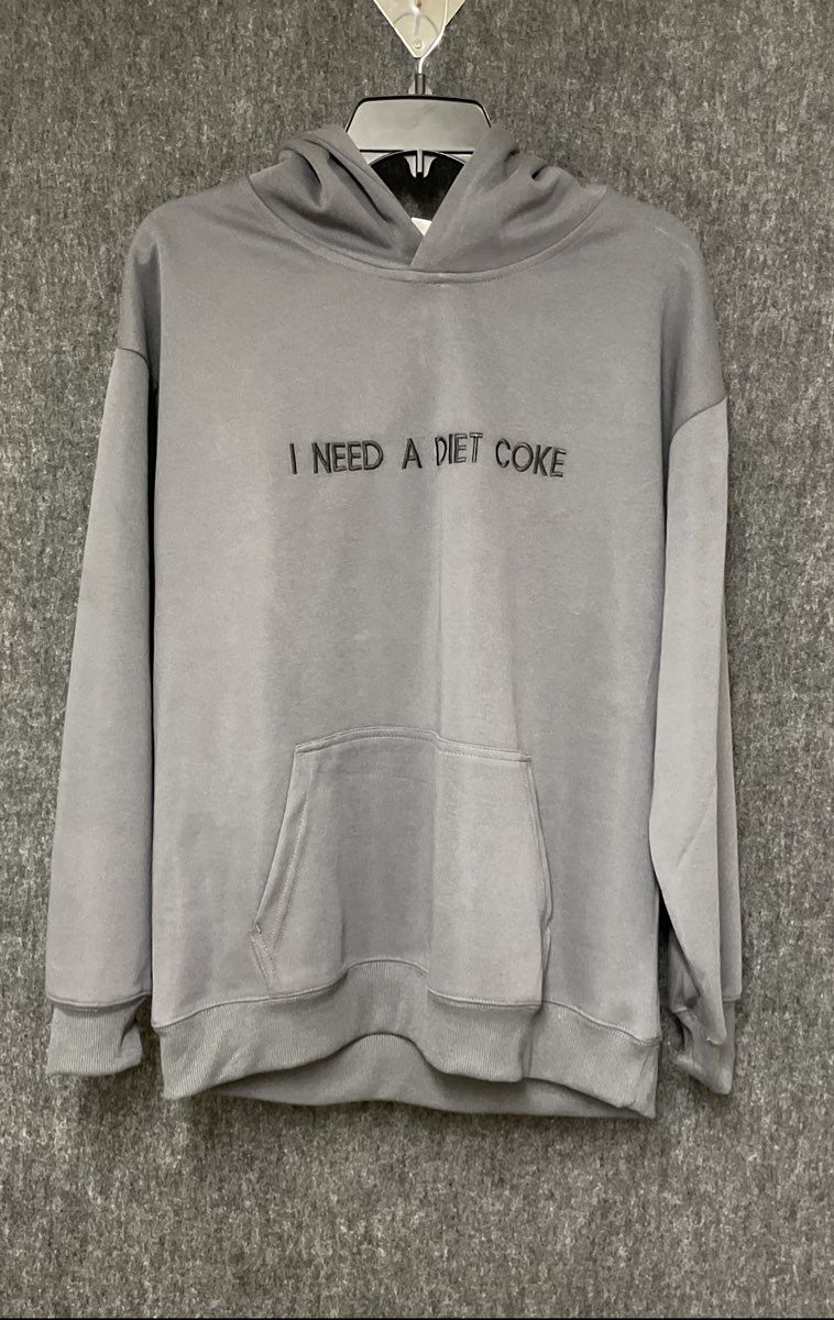 Men's Gray Hoodie Embroidered I Need A Diet Coke Graphic Pullover Size Medium