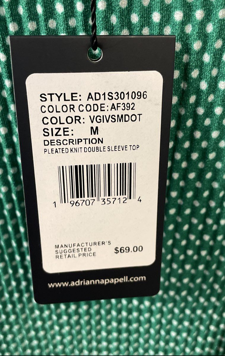 Adrianna Papell Women's Green Polka Dot Pleated Knit Double Sleeve Top M NWT