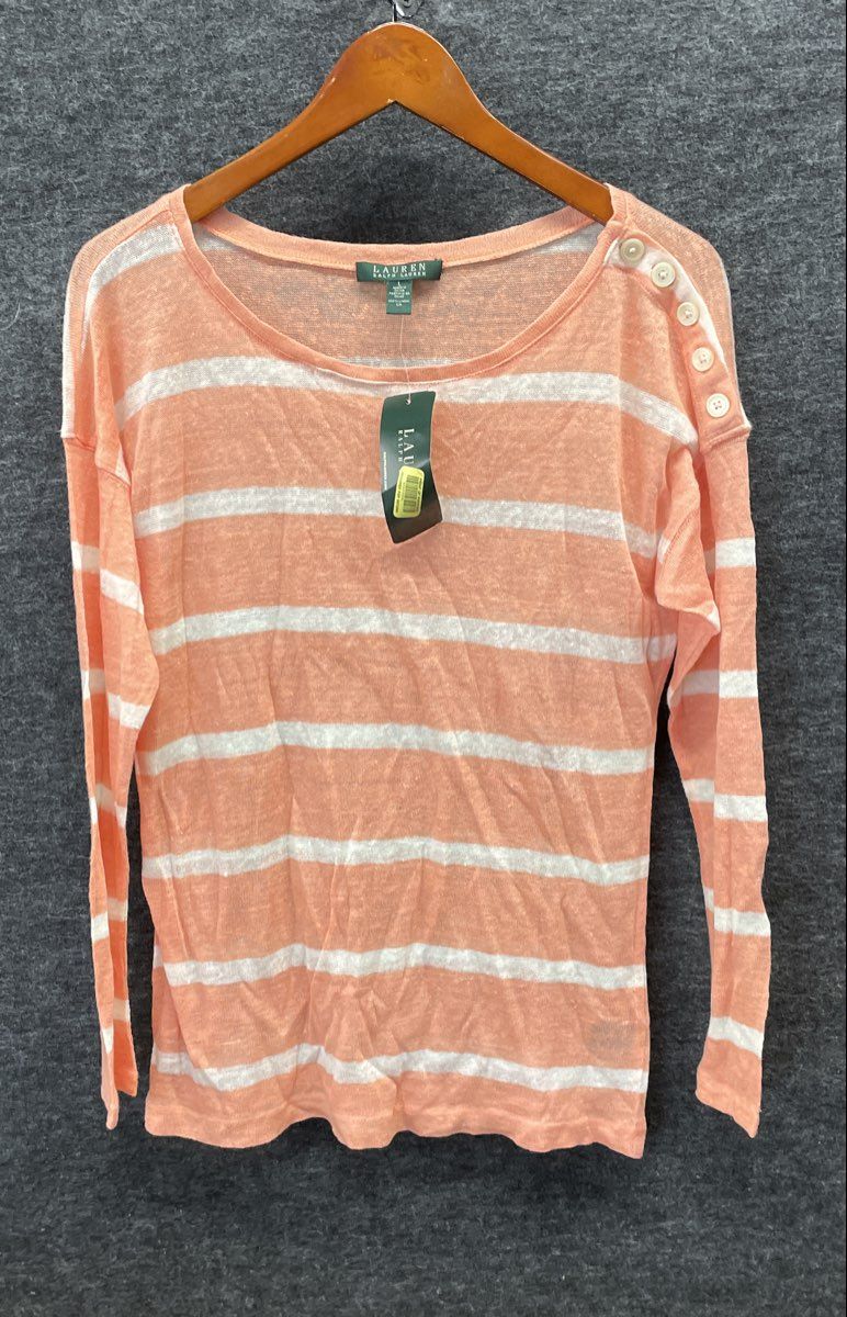 Lauren Ralph Lauren Pink White Striped 100% Linen Top Shoulder Button Sz L NWT