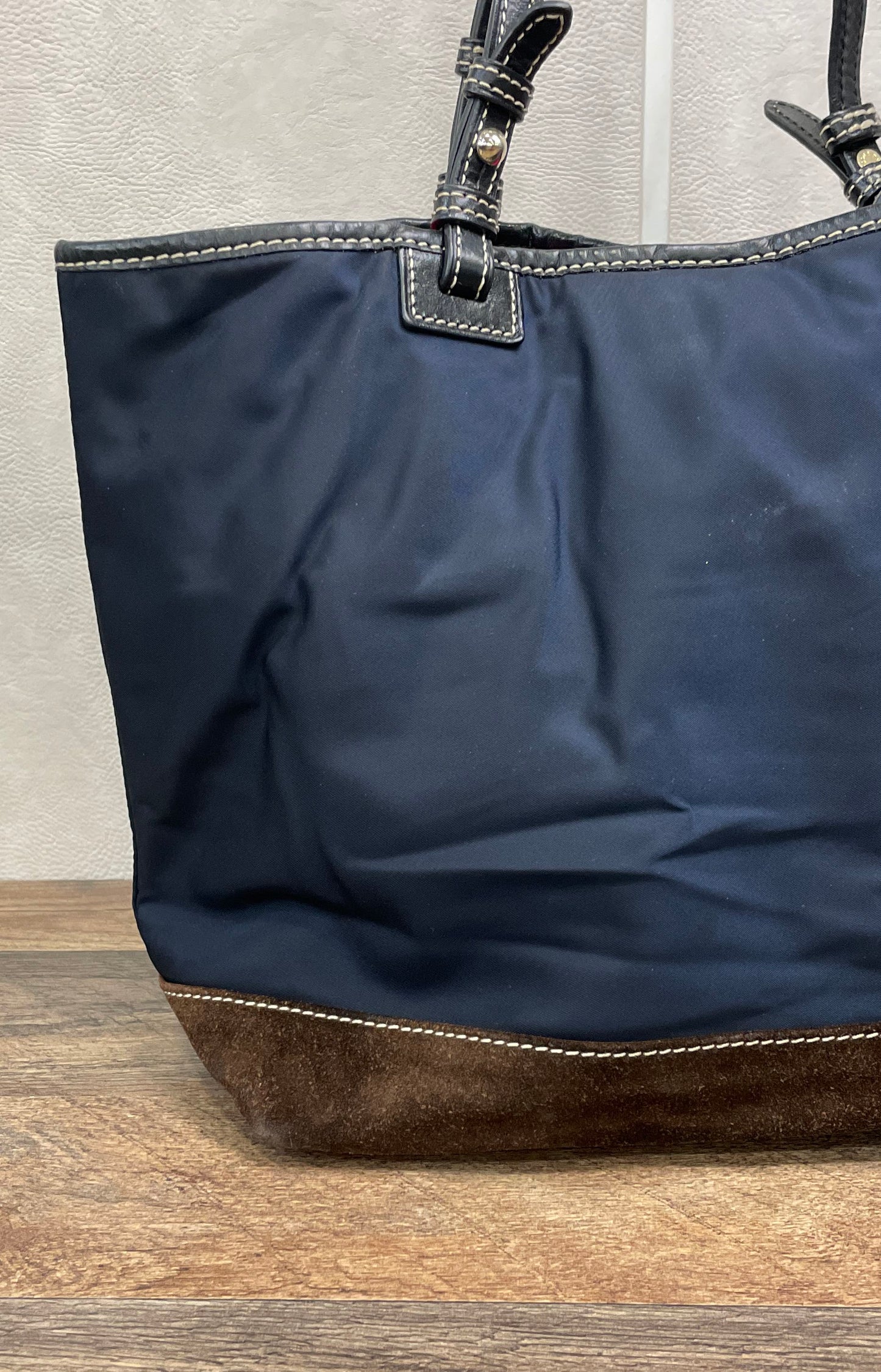 Dooney & Bourke Blue Nylon Brown Suede Tote Bag Gold Hardware