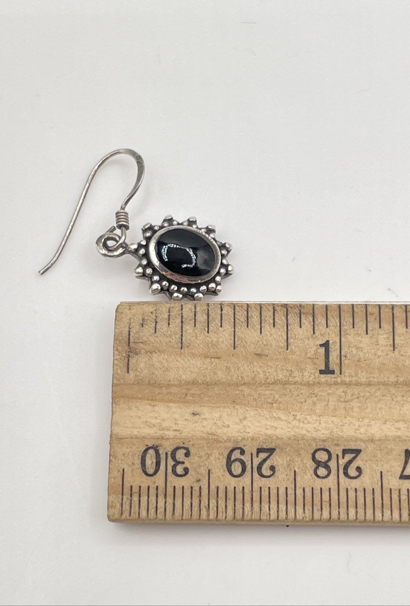 925 Sterling Silver Oval Black Onyx Inlay Granulated Dangle Earrings 6g
