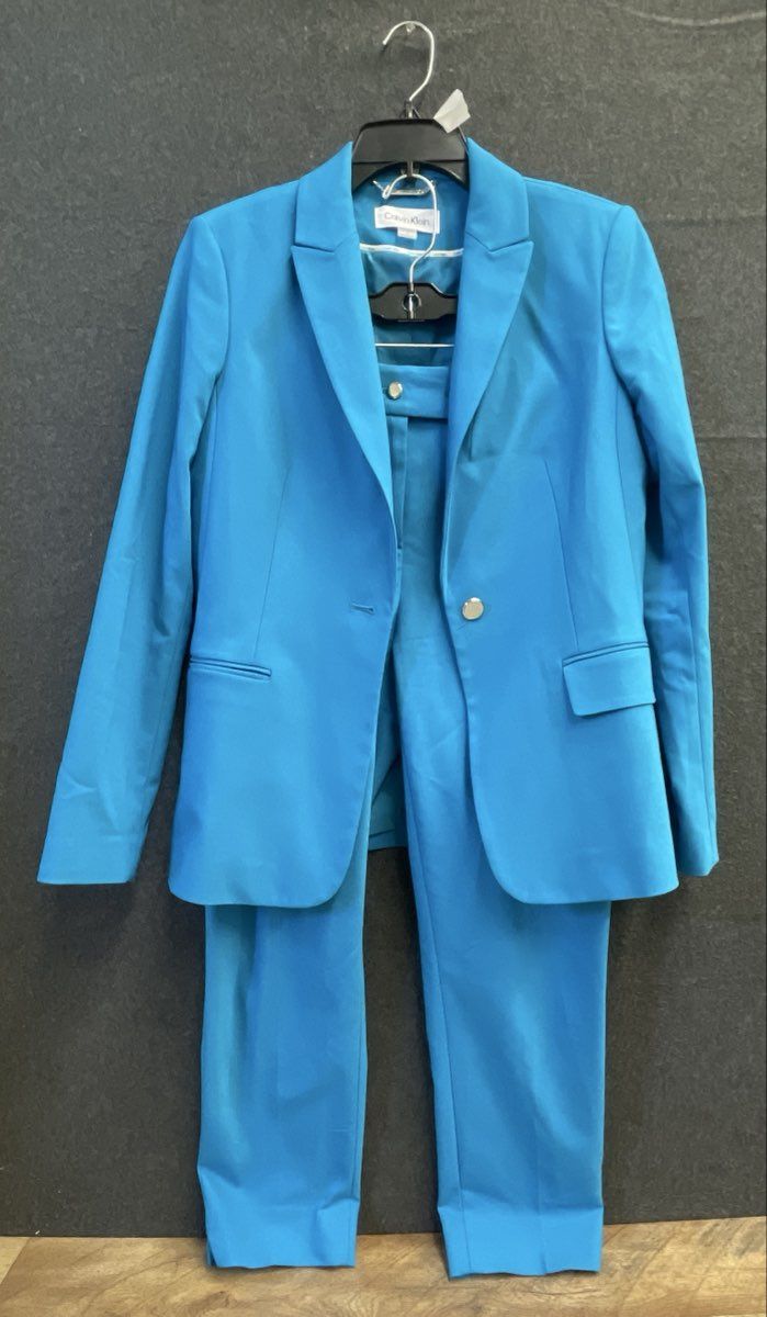 Calvin Klein Women's Blue Single Button Blazer Tapered Pant Suit Set Sz 8