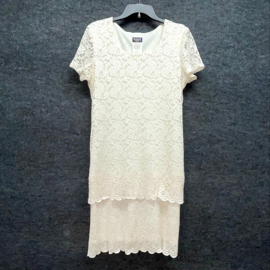 Vintage Y2K Leslie Blake Women's Ivory Floral Lace Layered Cocktail Dress Sz 10P