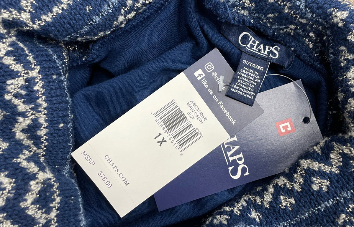 Chaps Women's Main Cabin Blue Knit Cowl Neck Pullover Kangaroo Pocket NWT 1X