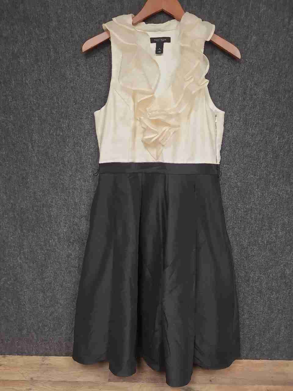 White House Black Market Women's White Black Silk Bodice Ruffle Dress Sz 8