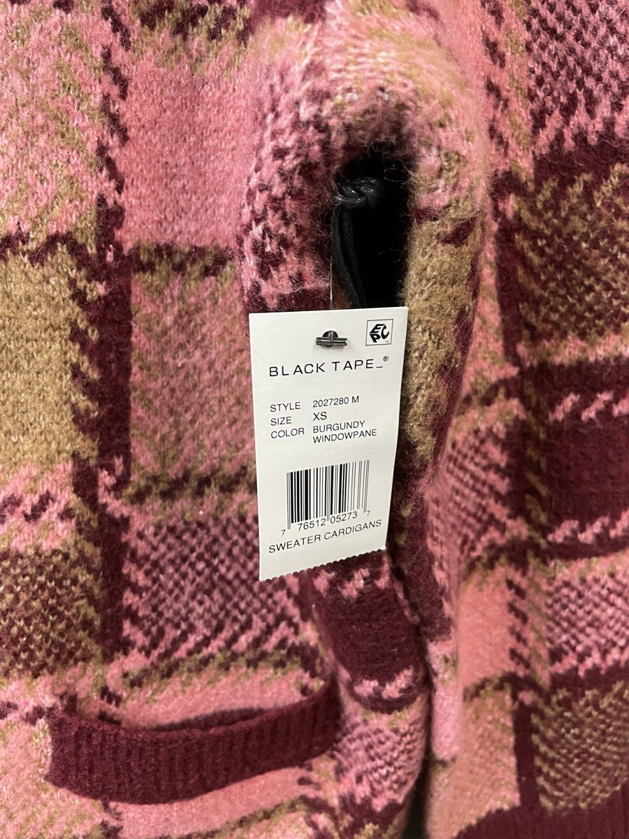 Black Tape Women's Burgundy Pink Plaid Windowpane Sweater Cardigan NWT Sz XS
