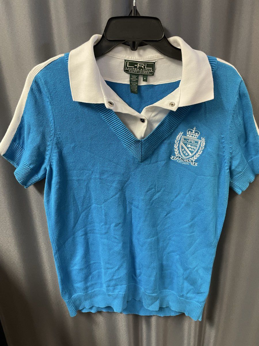 Lauren Active Ralph Lauren Women's Blue White Crest Polo Shirt Knit Top Sz M