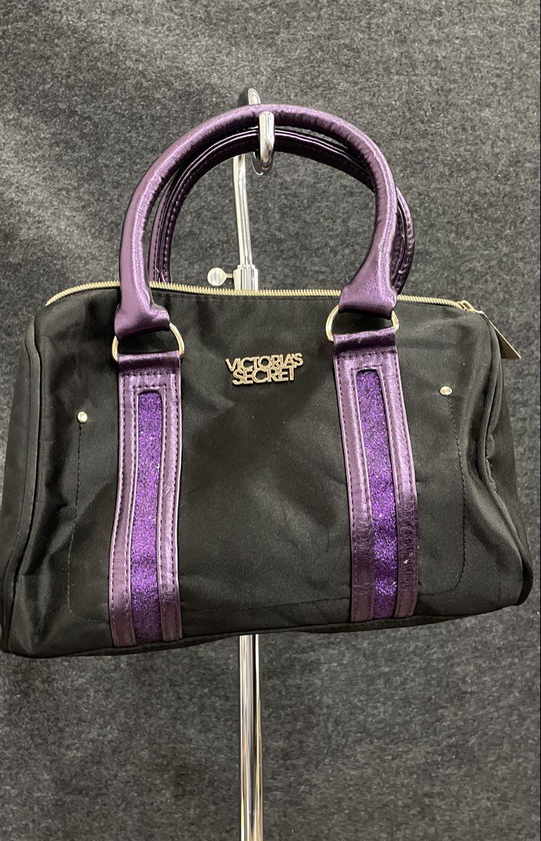 Victoria's Secret Black Purple Glitter Metallic Trim Fabric Satchel Handbag