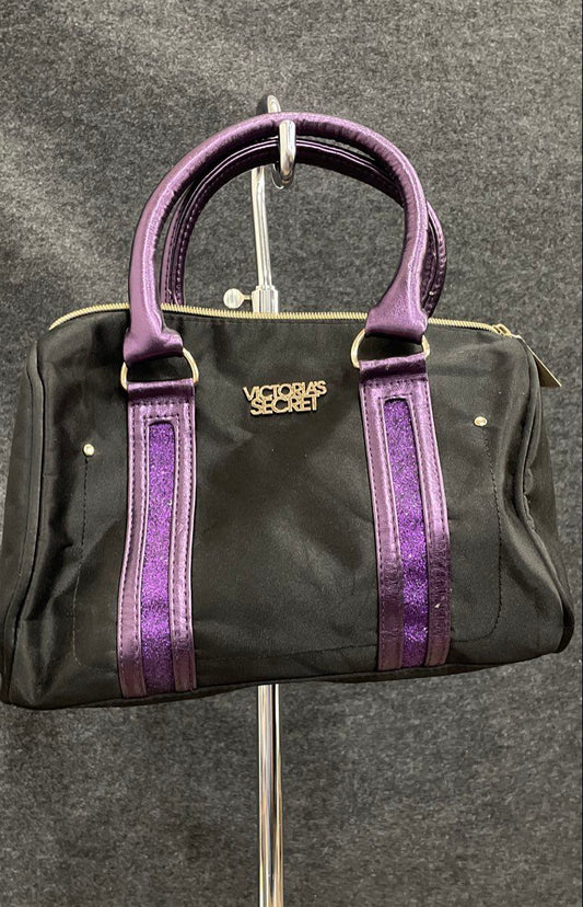 Victoria's Secret Black Purple Glitter Metallic Trim Fabric Satchel Handbag
