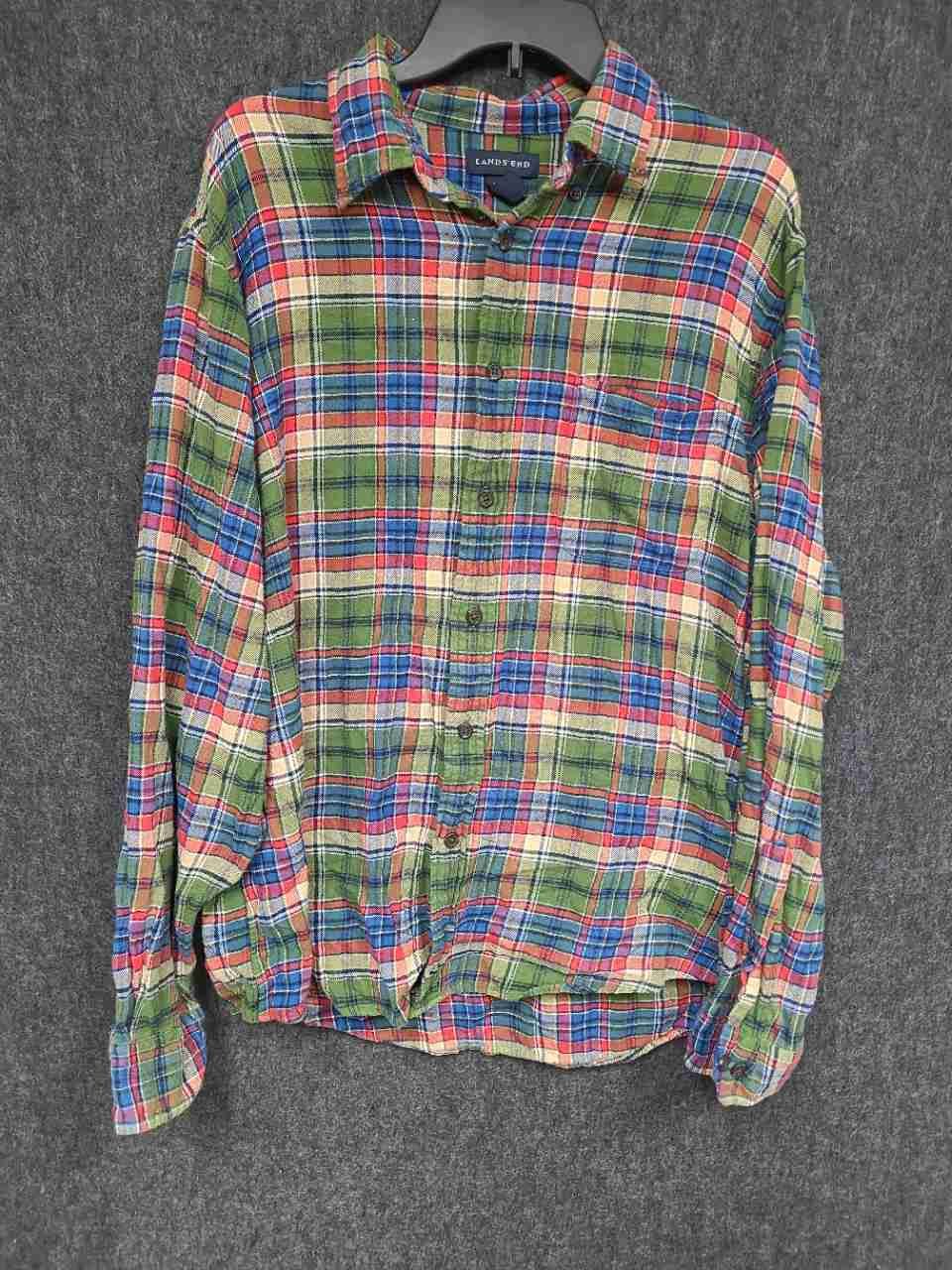 Lands' End Men's Vintage 90s Green Red Plaid Flannel Button Down Shirt Sz L