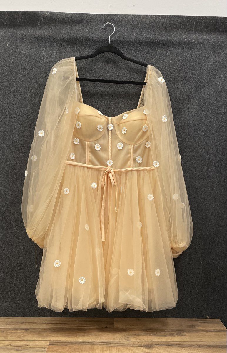 Women's Beige Tulle Daisy Floral Puff Sleeve Corset Mini Dress Lace Up Back