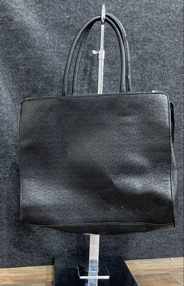 Guess Black Monogram Embossed Leather Tote Bag Large Silver Hardware
